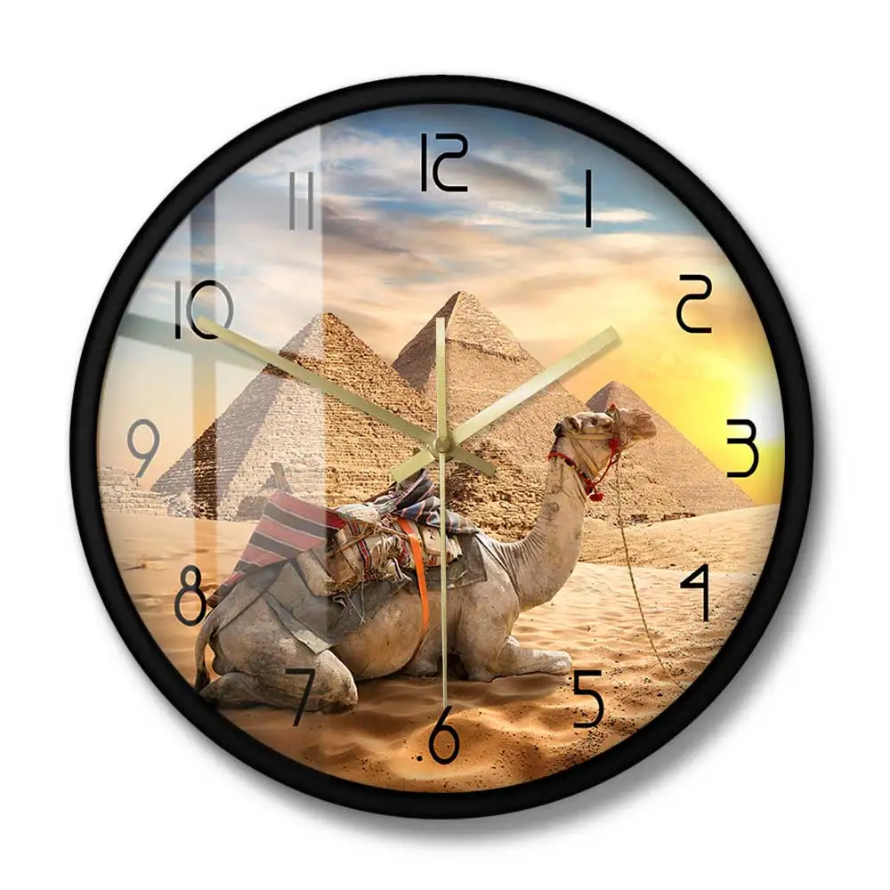 Sahara Animals Sunset Desert Camel Wall Clock Egypt Pyramids Egyptian Architecture Home Decor Quiet Clocks Africa Travel Gift