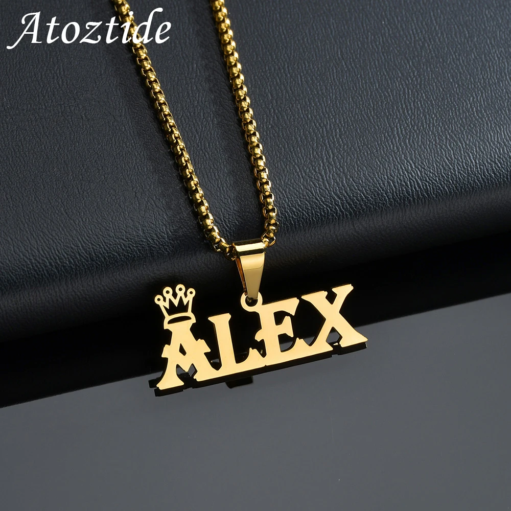 New Personalized Thick Chain With Crown Names Pendant Hook Necklaces Bold Stainless Steel Custom Big Letter Necklace Jewelry