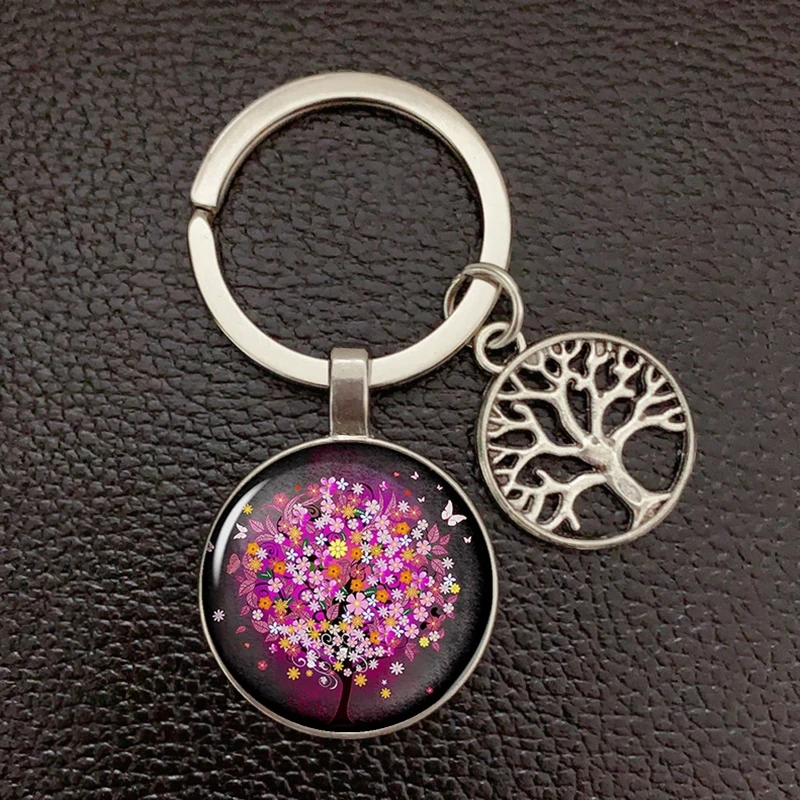 New Keychain Bird and Tree of Life Glass Convex Metal Key Ring Jewelry Daughter\'s Birthday Gift for Tree of Life