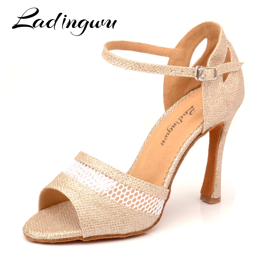 Ladingwu-zapatos de baile con malla transpirable y purpurina para mujer, calzado de baile latino, color champán/blanco, profesional, novedad de