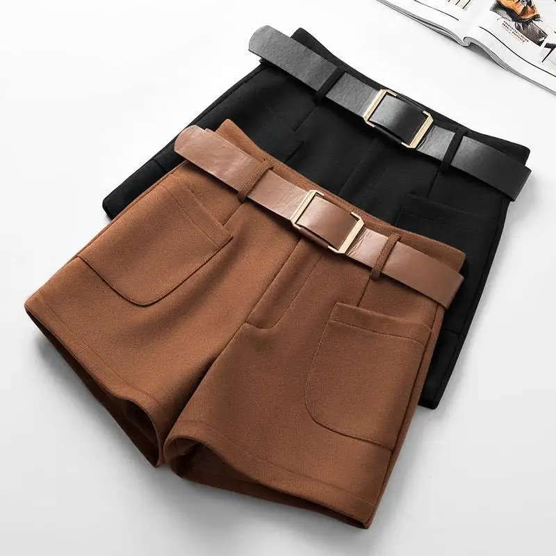 Woolen Shorts Women  Autumn Winter Wide Leg Mini Shorts Feminino Autumn booty shorts with Belt Pockets Short Feminino