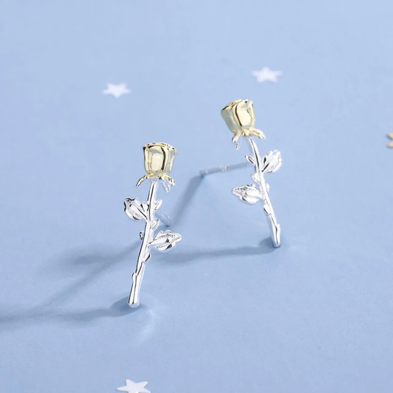 KOFSAC Romantic Two Colour Gold Flower Rose Stud Earrings For Women 925 Sterling Silver Jewelry Lady Fashion Earring Daily Wear