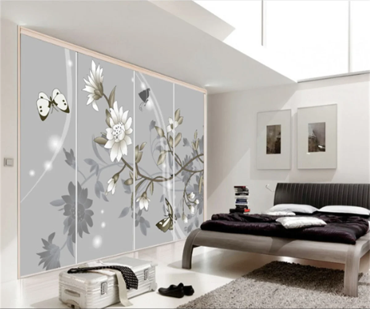 American living room gray tone floral pattern butterfly sofa TV background wall photo home custom wallpaper photo mural