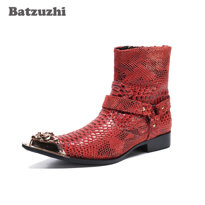 Batzuzhi Western Cowboy Boots Men Pointed Metal Tip Red Genuine Leather Ankle Boots Men Motorcycle Botas Hombre, Pluz Sizes 46