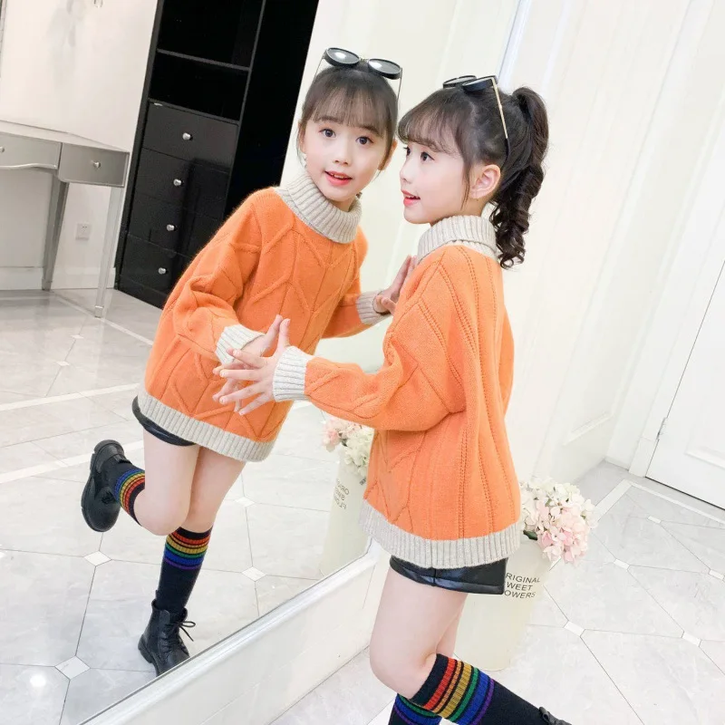 

New Spring Winter Girl Casual Sweater Children's Knitted Kids Turtleneck Warm Long Sleeve Thicken Lining High Quality Plus Velve