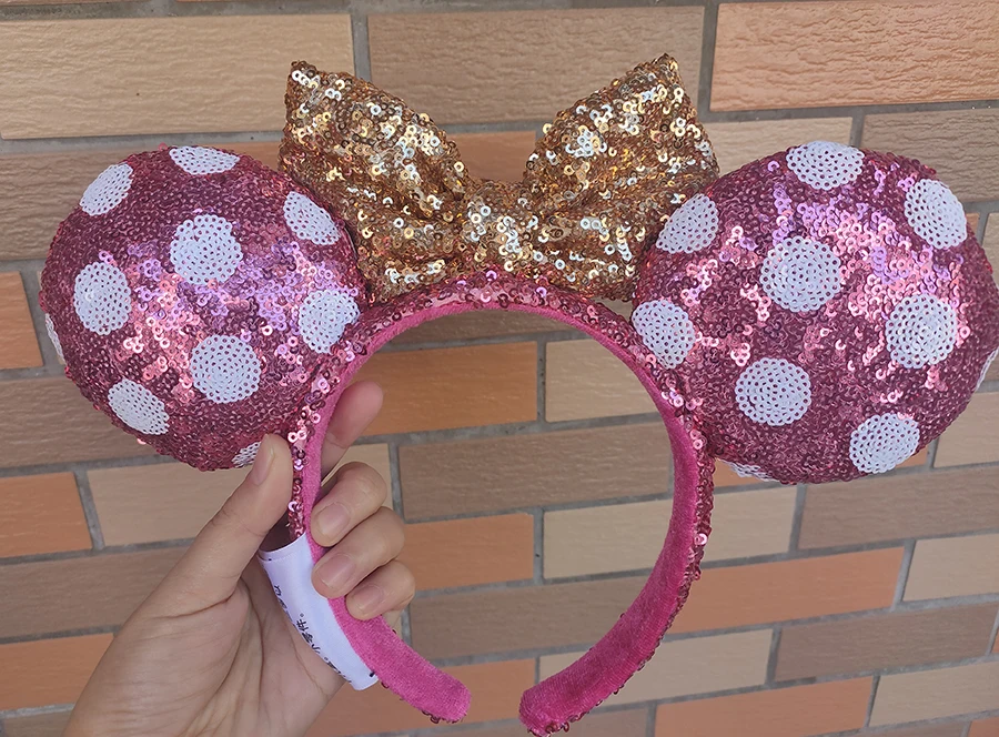 Disney Parks Minnie Mouse Ears Sequin Pink Polka Dot Gold Bow Headband NEW