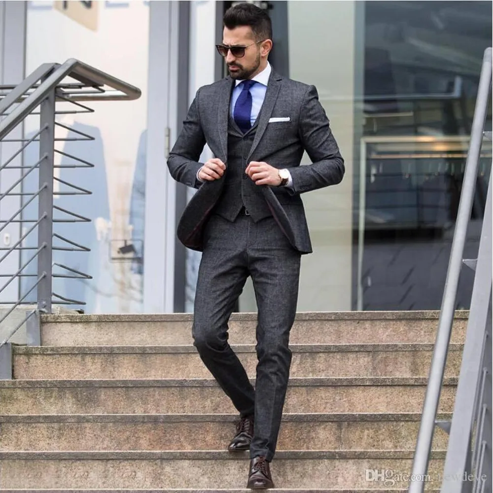 Wedding Tuxedos Vintage Tailored Fit Formal Best Man Suits Groom Wear Men's Tweed Dark Gray 3 Piece Suits (Jacket+Pants+vest)