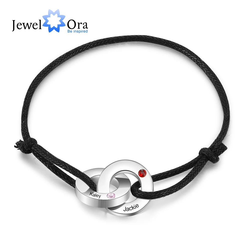 

JewelOra Personalized Engrave 2 Names Bracelets for Men Custom Birthstone Stainless Steel Interlocked Circle Bracelet Men's Gift