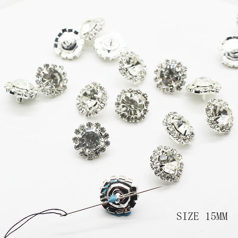 Shank Rhinestones Button for Clothing 10pcs/Lot 15mm Round Hand Sewing Shirt Buttons Diy Silver Accessories Wedding Decor