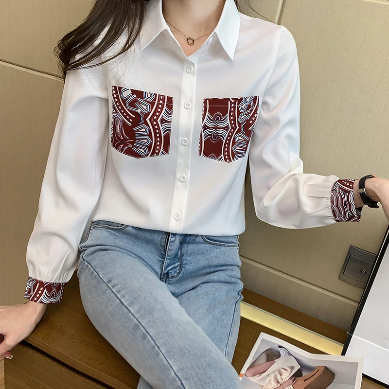 White Blouse V-Neck Lace Shirt Women Clothes Long Sleeve Button Woman Shirts Autumn Womens Tops Korean Harajuku Chemisier Femme