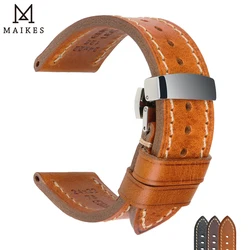 MAIKES – bracelets de montre en cuir de veau souple, fait à la main, en acier inoxydable, boucle papillon de remplacement, 18-26mm