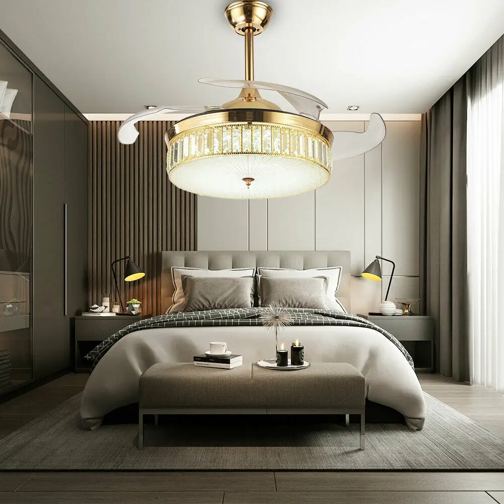 OUKANING 42 Inch Crystal Ceiling Fan Light 4 Retractable Blades LED Chandelier 3 Speed Settings Remote Lamp for Home Application