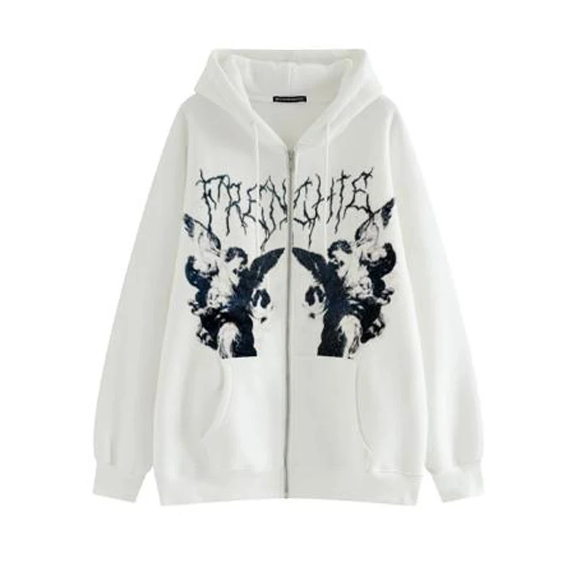 Female Zip Up Long Sleeve Women\'s Sweatshirt Y2K Aesthetic Gothic Grunge Clothes 2021 Vintage Angel Print Oversized Hoodies