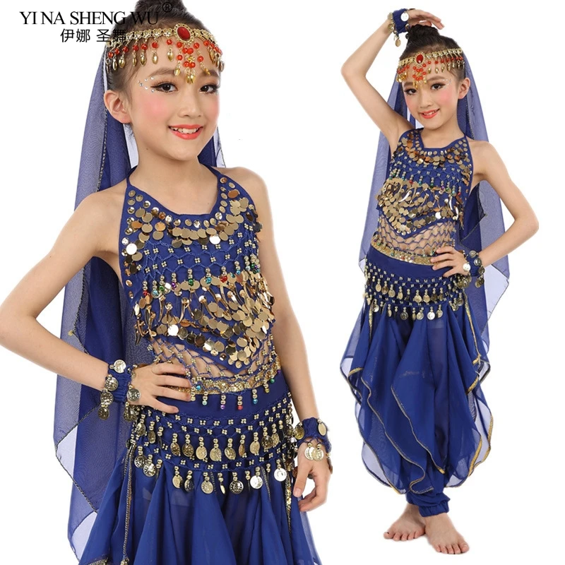 Costume de danse du ventre pour enfants, Inde financièrement, ensembles de phtals, robe indienne pour filles, vêtements de scène Sari, performance trempée