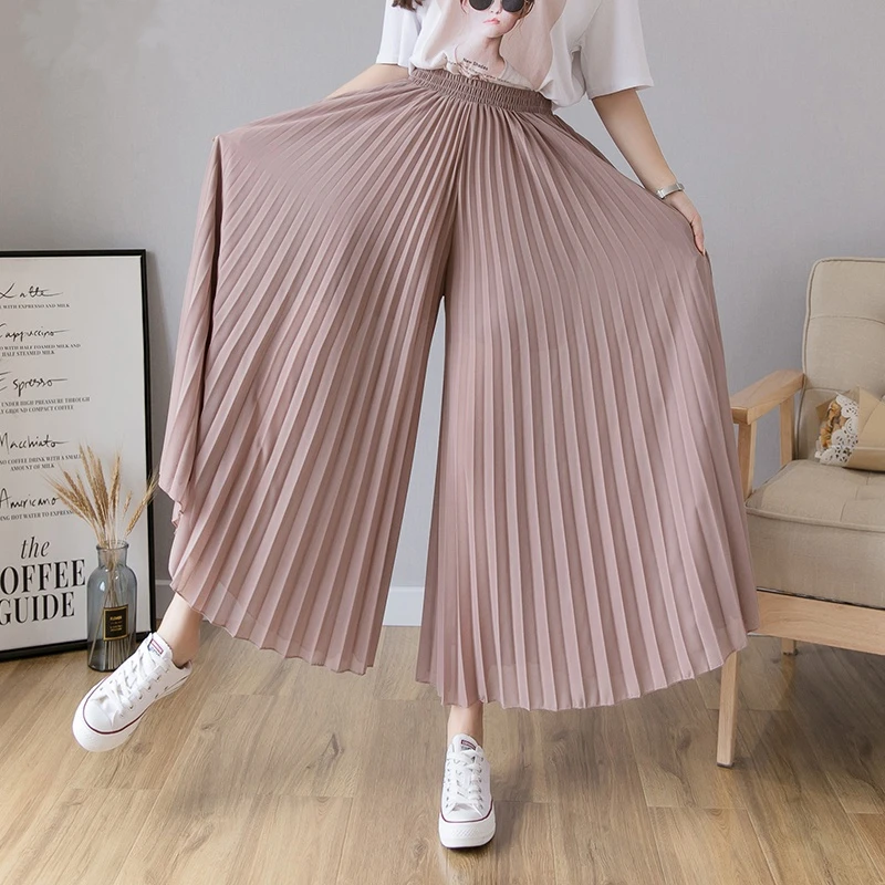 Summer New Thin Chiffon Pleated Wide-leg pants Women's Black White High waist Elastic Loose Solid Casual Beach Ladies Culottes