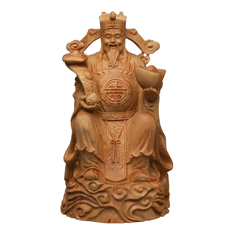 Thuja Cypress Woodcarving Sitting and Holding Ruyi God of Wealth Buddha Statue Decoration Wen Lord Dedicated to Household Statue