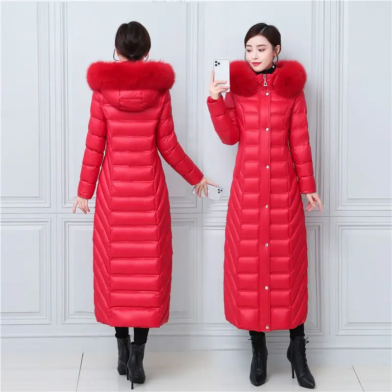 S- 4XL fashion Winter over the knee X-long 90% Duck down coats female thicker warm fur coats real fox fur hooded Parkas F2235