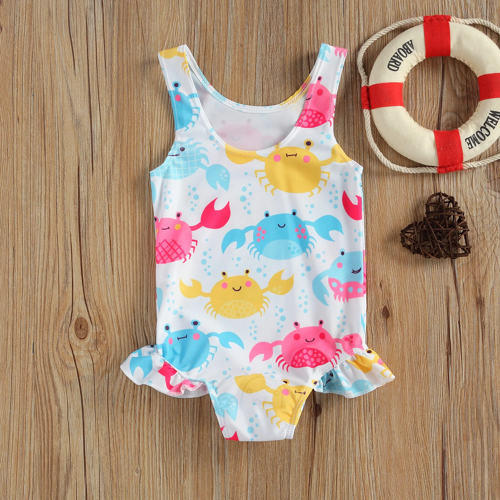 Baby Girl Cute Crab Donut Print Swimsuit Ruffle Frill Swimwear 0-3Y Infant Toddler Kids Summer Casual Sleeveless Bathing Suits