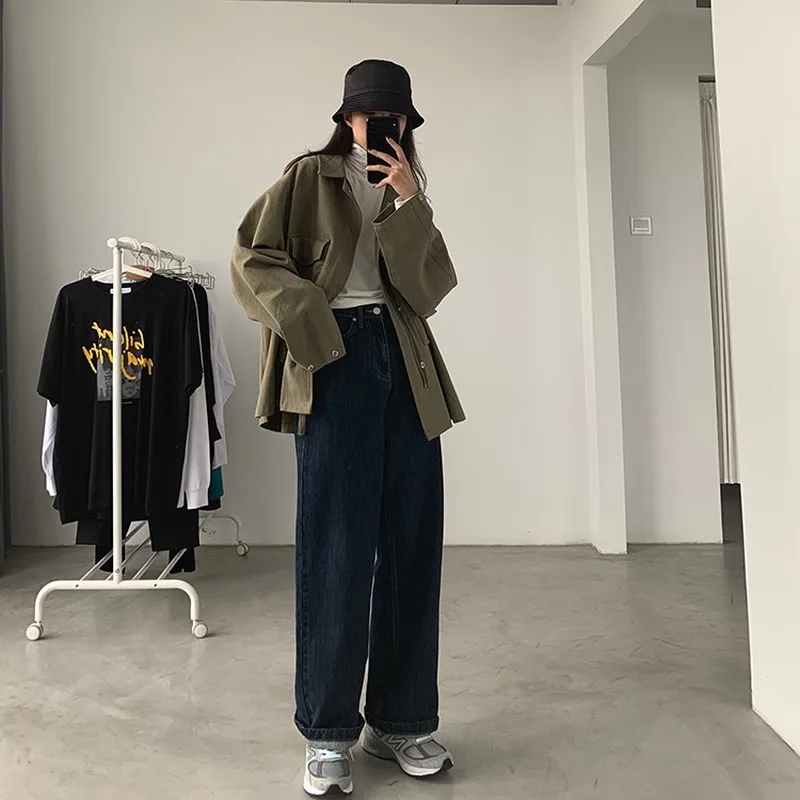 

Jeans Women Wide Leg Retro Mopping Casual Womens Trousers Boyfriend Ulzzang Streetwear Dark Blue All-match Loose Clothing Jean