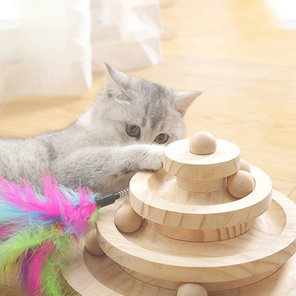 Cat Wooden Toys Funny Turntable Tower Tracks For Kitty Pet Smart Ball Rocking Toy For Cat Gift Intelligence Amusement