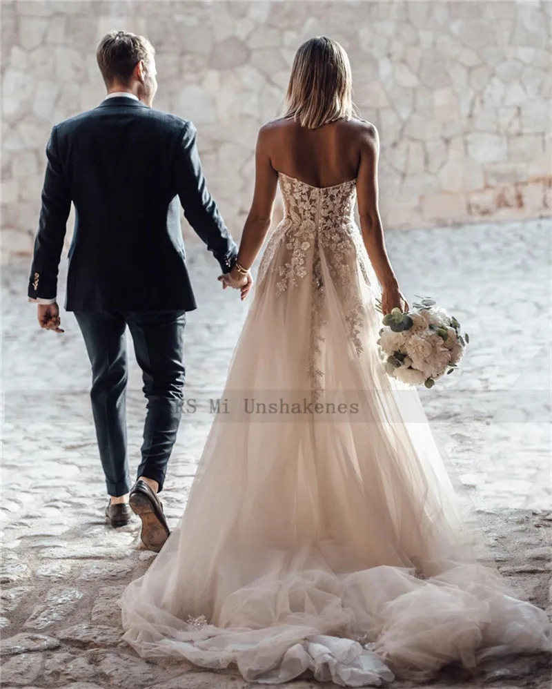 Robe de mariée en dentelle style Boho, tenue de princesse Vintage avec perles, Champagne, tenue de mariage longue avec traîne, collection 2021