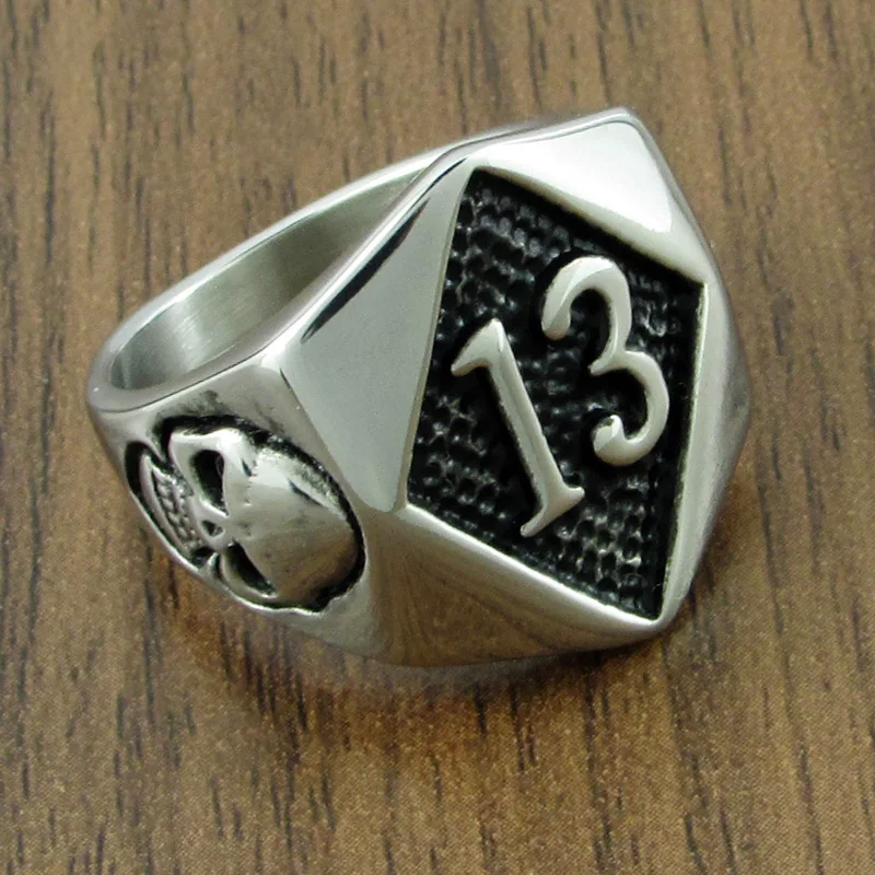 Free Shipping Punk Silver Color Black 316L Stainless Steel Thirteen Skull Ring Rock Number 13 Men\'s Skeleton Rings