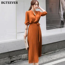 BGTEEEVR Elegant Single Breasted Women Pleated Dresses Full Sleeve Slim Waist A-line Dresses Casual Female Long Vestidos 2019