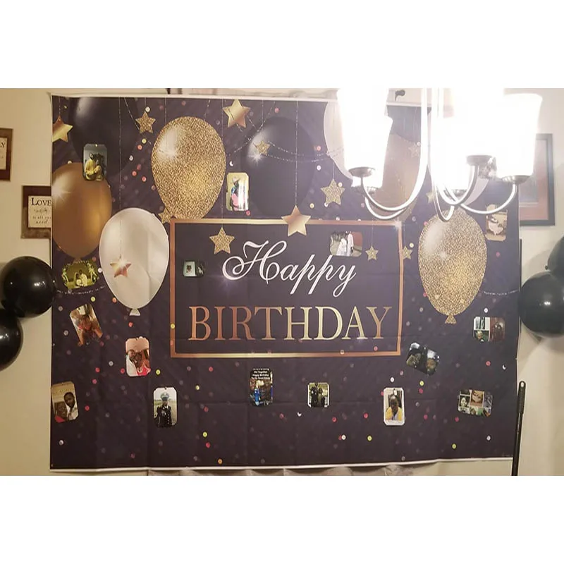 Buon compleanno festa sfondo nero e oro Glitter palloncini sfondo Sparkle punti brillanti decorazione astratta Photo Booth