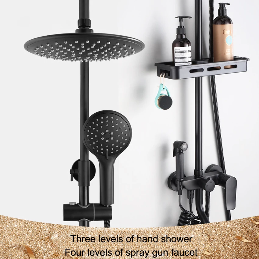 Household bathing shower set,copper faucet shower,black shower head set with shelf,height adjustable,four types of water outlet