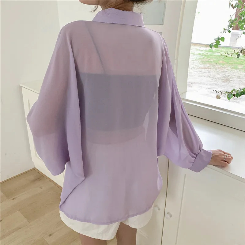 2025 Women Chiffon Blouse Shirt Long Sleeve Spring Summer Lilac Tops Pocket Loose Thin Sunscreen Shirt Bikini Cover Up Beachwear