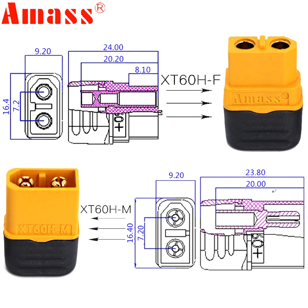 5pair/lot AMASS XT60+ XT60H XT 60 Plug Connectors 60A-100A 0.8mΩ With Sheath Housing For RC Lipo Battery Motor ESC Model Toy