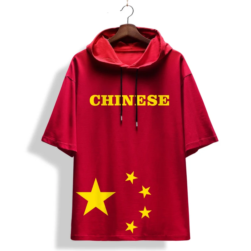 Chinese Five-pointed star print fashion Red short-sleeved t shrit Summer New high-quality cotton luxury hooded t shirt men S-4XL