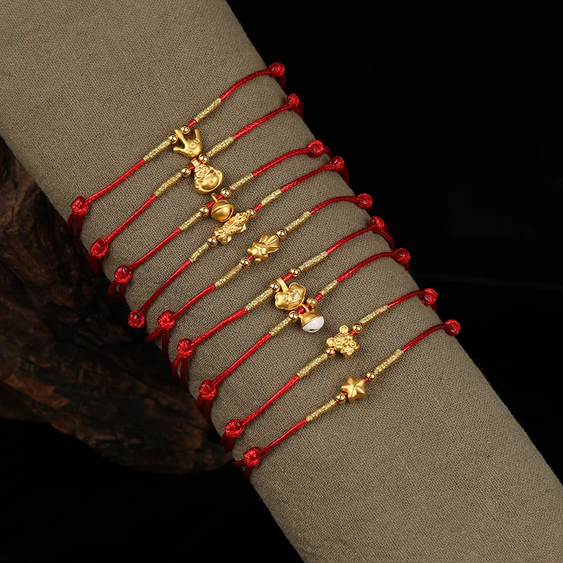 Real 24K Yellow Gold Chain 3D Luck Ox Mouse Fish Bracelet For Women Baby Good Luck Loving Mouse Zodiac Red Rope Natal year