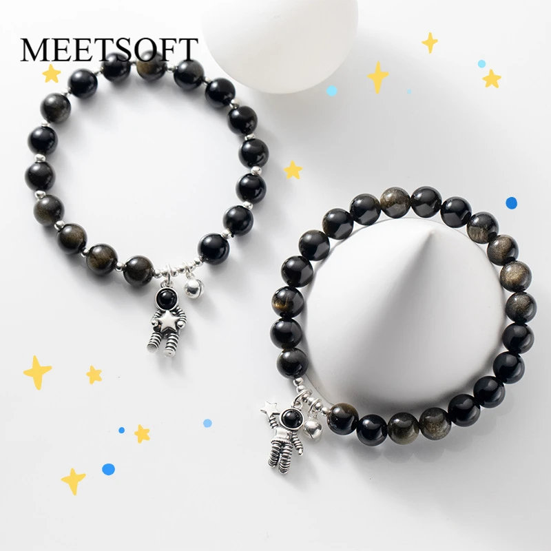 

MEETSOFT Lovely 925 Silver 8mm Golden Obsidian Crystal Star Picker Bracelets for Men Women Fine Jewelry Couples Accessories Gift