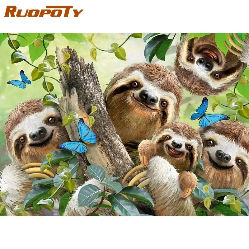 RUOPOTY กรอบภาพวาด Sloth บนต้นไม้สัตว์สีสำหรับตกแต่งบ้าน Artcraft ที่ไม่ซ้ำกัน Diy ของขวัญเด็กผู้ใหญ่