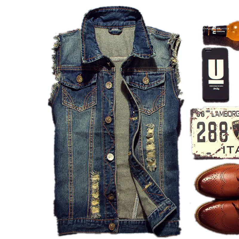 2023 Ripped Jean Jacket Men's Denim Vest Hip Hop Jean Coats Waistcoat Men Cowboy Brand Sleeveless Jacket Male Tank Plus Size 6XL