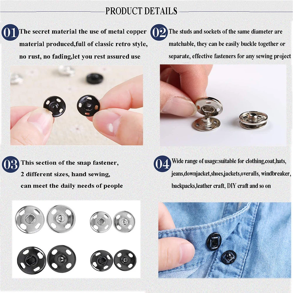 100/50PCS Press Buttons Sew on Snap Buttons Metal Snap Fastener Buttons Press Button for DIY Garment Sewing Clothing 8/10MM