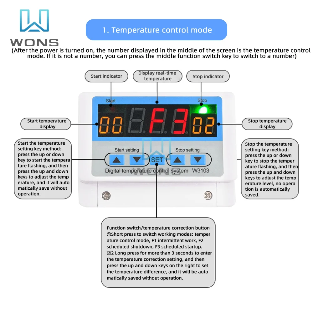 W3103 Digital Thermostat 12V 300W 24V 600W 220V Touch Point 5000W 30A High-power Wall-mounted Temperature Controller Switch