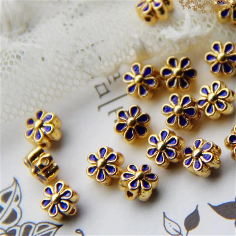 national style 5pcs 3x6mm pretty flower shape gold-color cloisonne blue enamel spacers accessories beads jewelry findings B2499