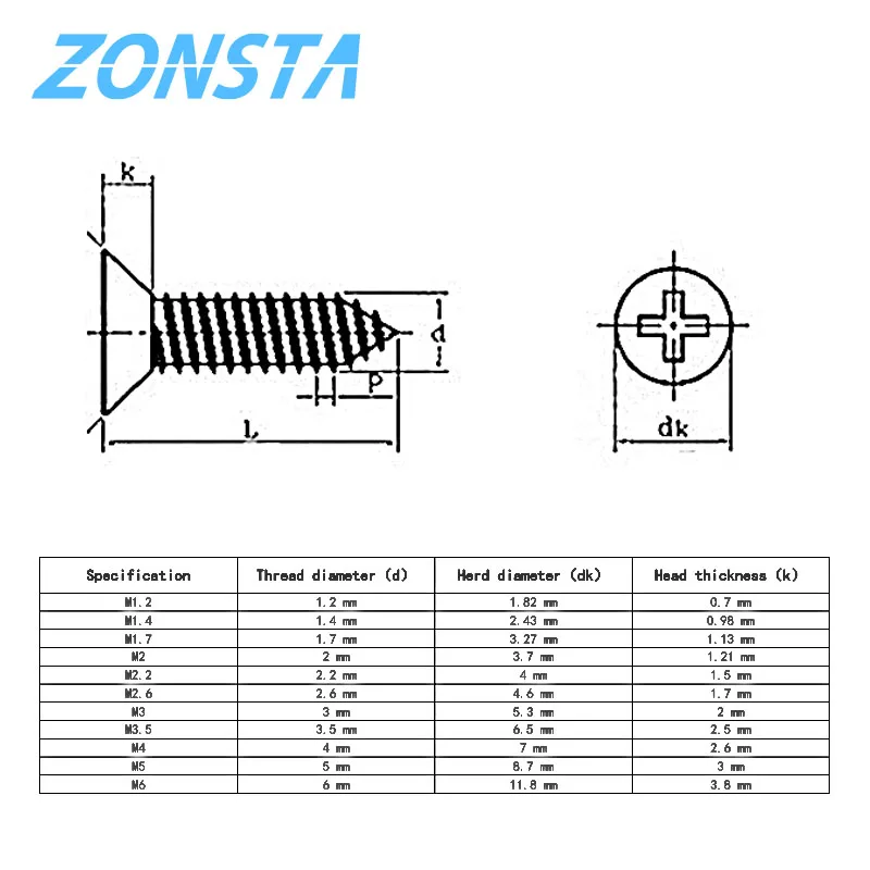 50pcs M1.2 M1.4 M1.7 M2 M2.3 M2.6 M3 M4 Black Cross countersunk head Self-tapping screw Flat Head Carbon steel Wood Screws