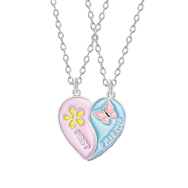 Hot Couple Pink Blue Heart Broken Best Friends Necklace Pendant Chain BFF Friendship Cute Jewelry Gifts For Kids 2PCS/Set