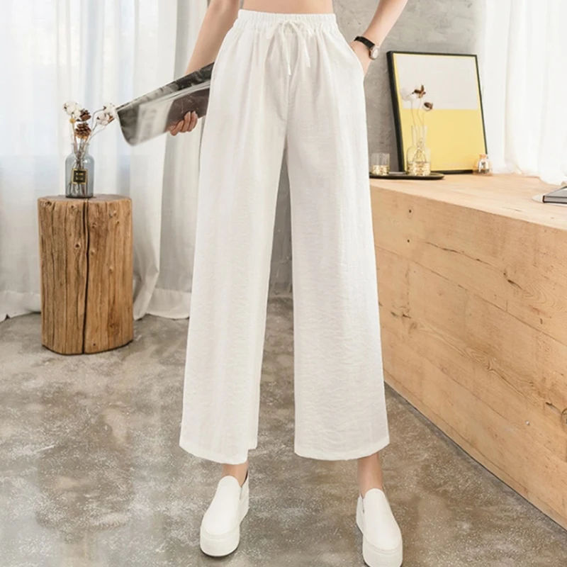 

Women Straight Wide Leg Pants Female Spring High Waist Casual Loose Ankle-Length Pants Solid Color Soft Elastic Waist Trousers