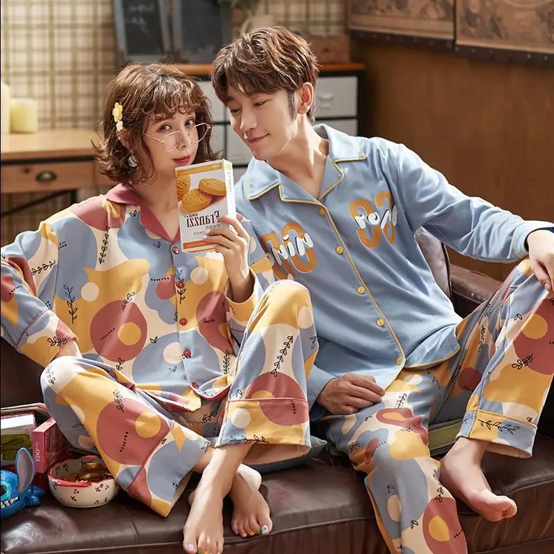 

Couple Pajamas Sets Autumn Men And Women Cotton Pijamas Sleepwear Lover Home Night Suit Sleep Lounge Big Size M-XXXL