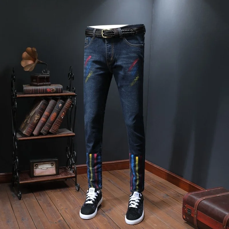 

Mens Printing Straight Jeans Wash Dark Blue Slim Fit Pencil Pants Male Casual Denim Pants 2022 Fashion Full Length Jean Trousers