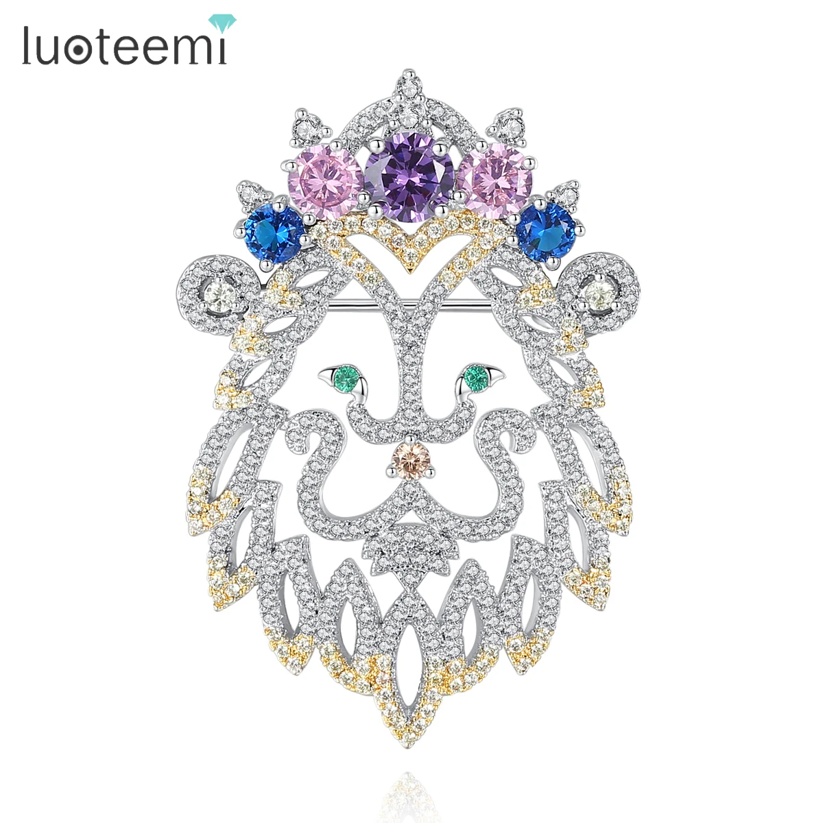 LUOTEEMI Rainbow CZ Lion Head Women Brooch Pins Cute Animal Fashion Girl Party Accessories Friend Elegant Gifts brose femei