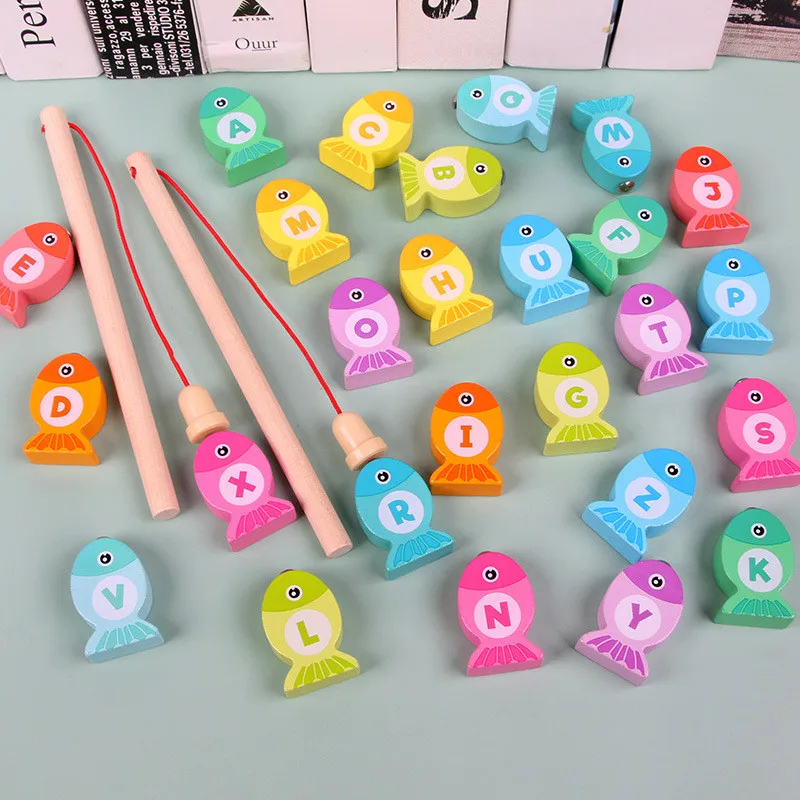 Montessori Baby Wooden Magnetic Fishing Game Toy Preschool Educational Cognition Color Letter Teaching Aids Outdoor Fish Toy