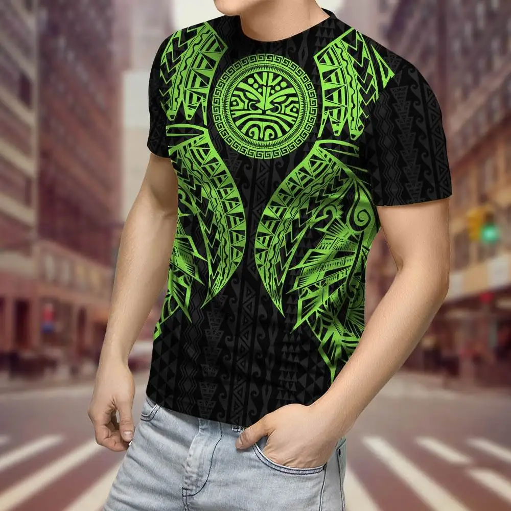 Camiseta de lujo con estampado 3D de tatuaje polinesiano verde para Hombre, ropa de calle informal Unisex, Camiseta de hip hop, Tops para Hombre