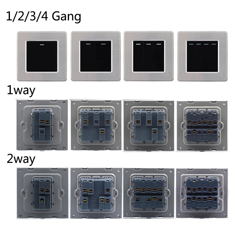 Wall Switches 1/2/3/4 Gang Button Wall Light Switch On / Off Push Button Interruptor Stainless Steel Panel Work With LED Lamp