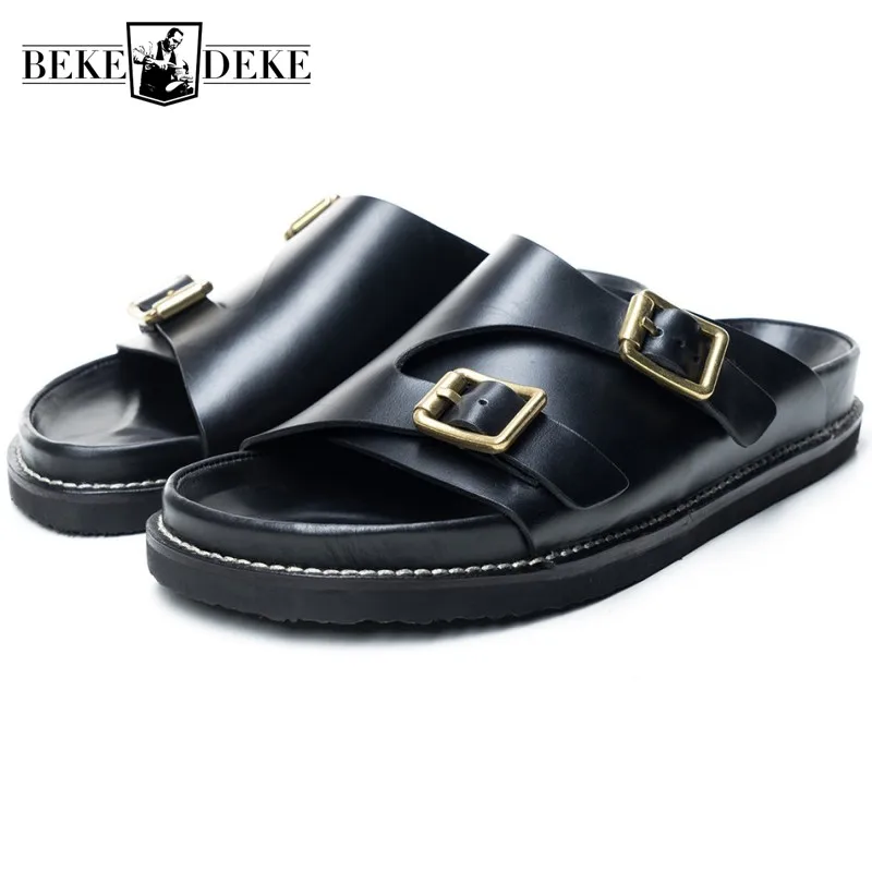 High Quality Mens Summer Cowhide Natural Leather Slide Sandals Buckle Slip On Slippers Man Designer Thick Platform Beach Sandals