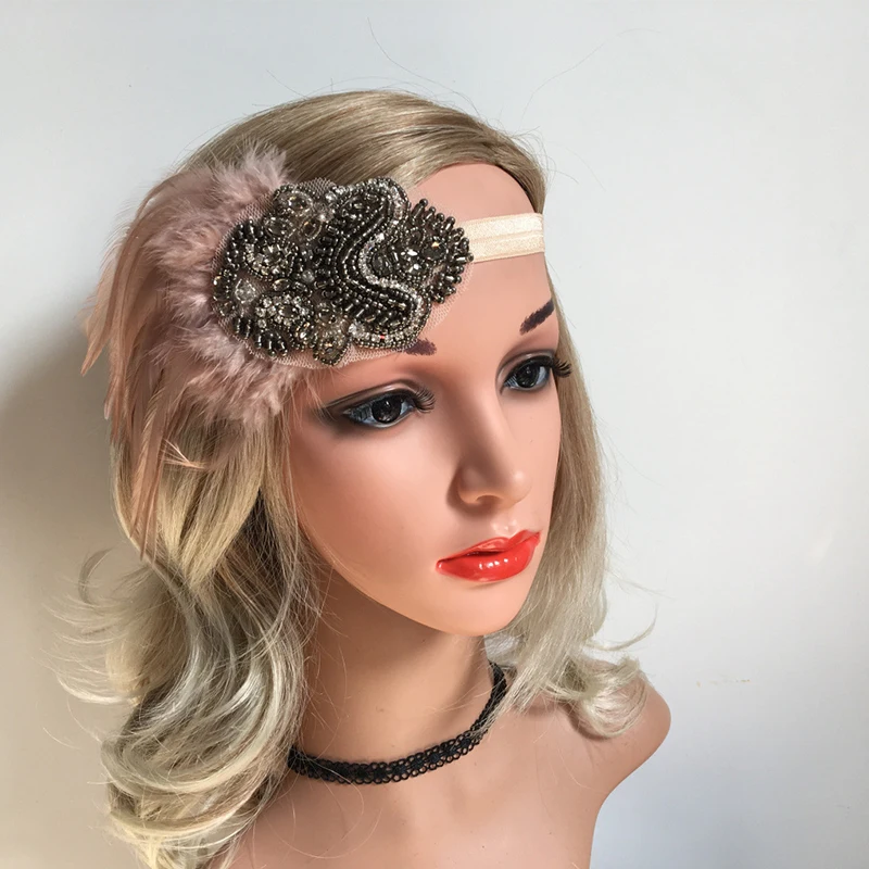 Feather Headband Vintage Pink Feather Black Beaded  Bridesmaids Headpiece 1920s Charleston Gatsby Party  Feather Headwear 2021